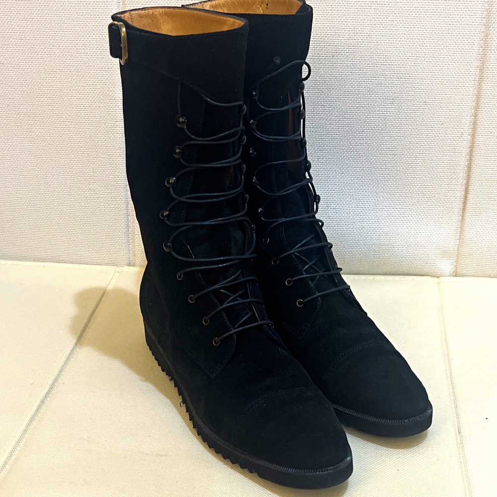 Salvatore Ferragamo DU18527 Women's Black Suede Lace-Up Mid-Calf Combat Boot 7.5